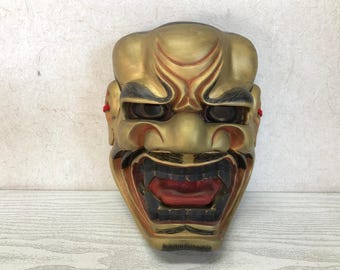 Y3592 能面 獅子口 木彫り サイン入り 日本製 アンティーク 縁起物