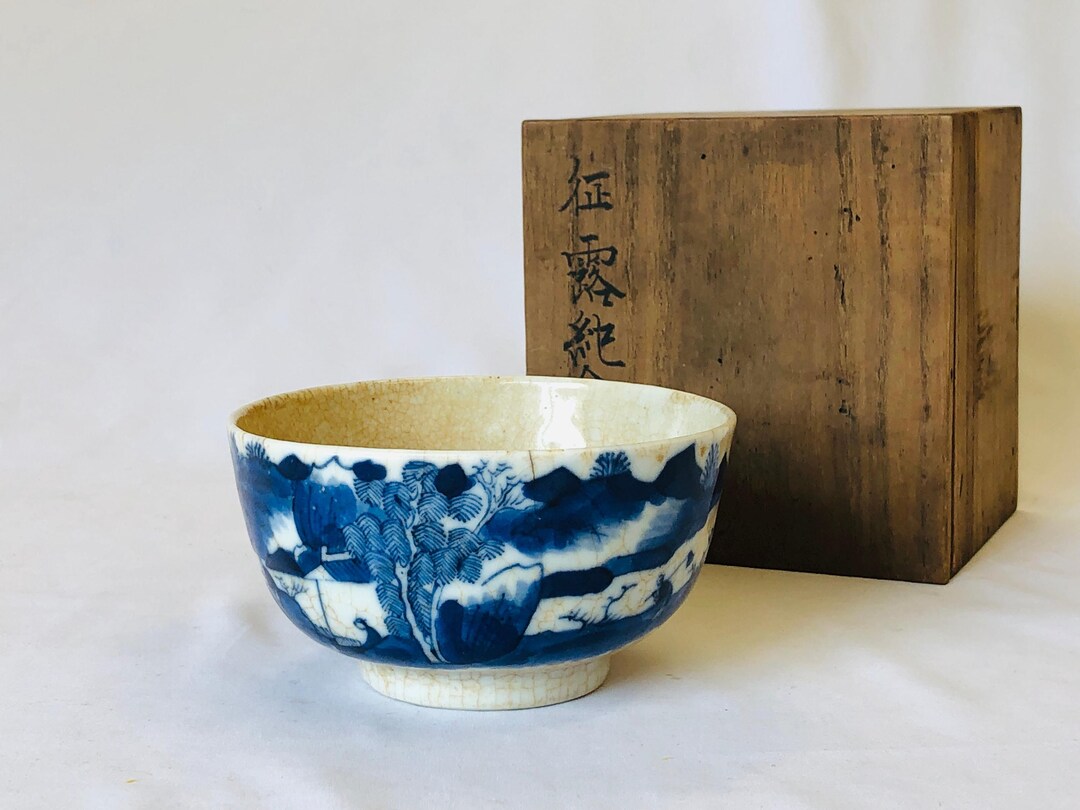 Y5036 CHAWAN Underglaze Blue Signed Box China Antique Tea Ceremony
