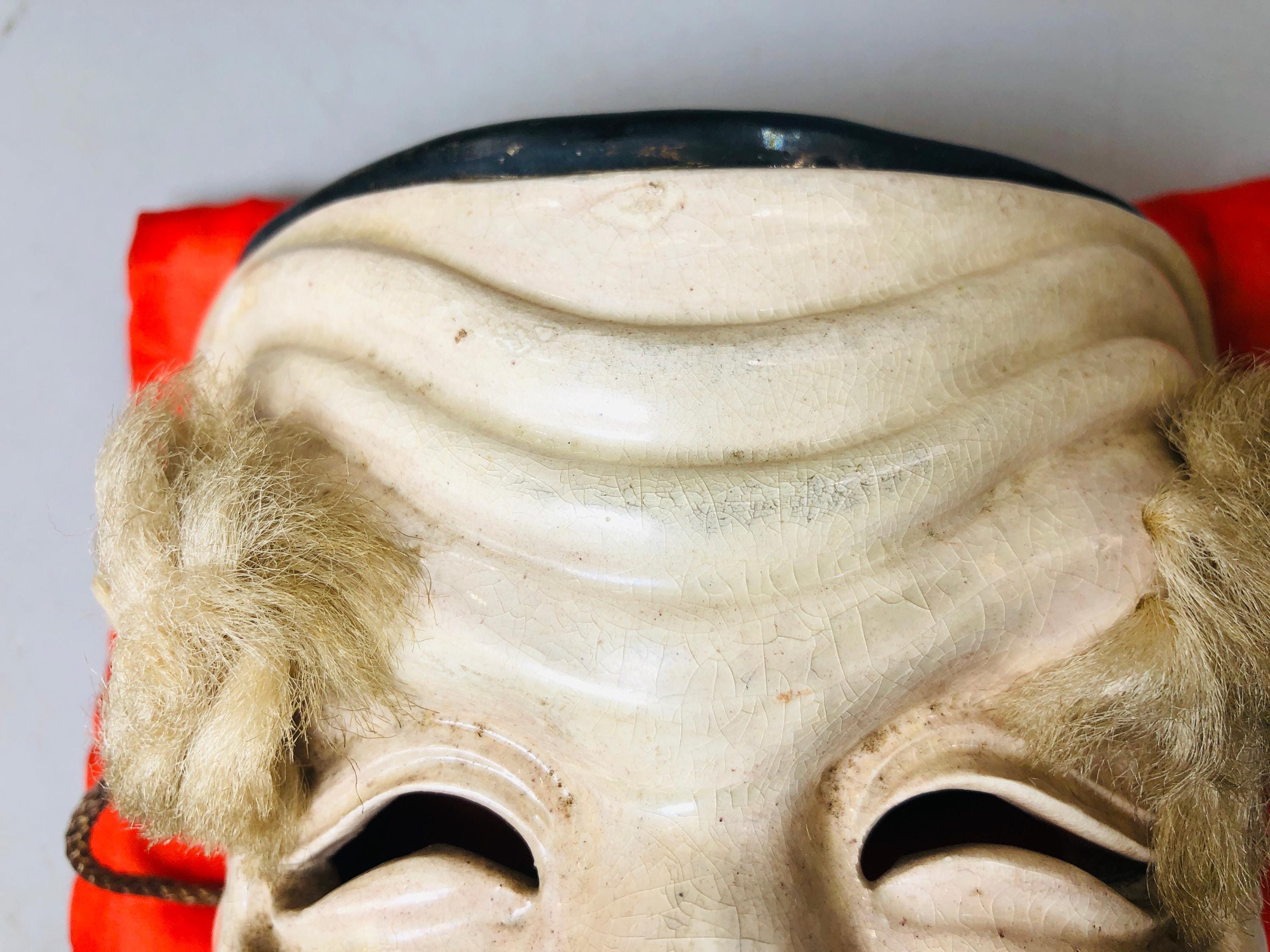 Y5883 NOH MASK Ceramic Old Man Signed Box Japan Antique Omen