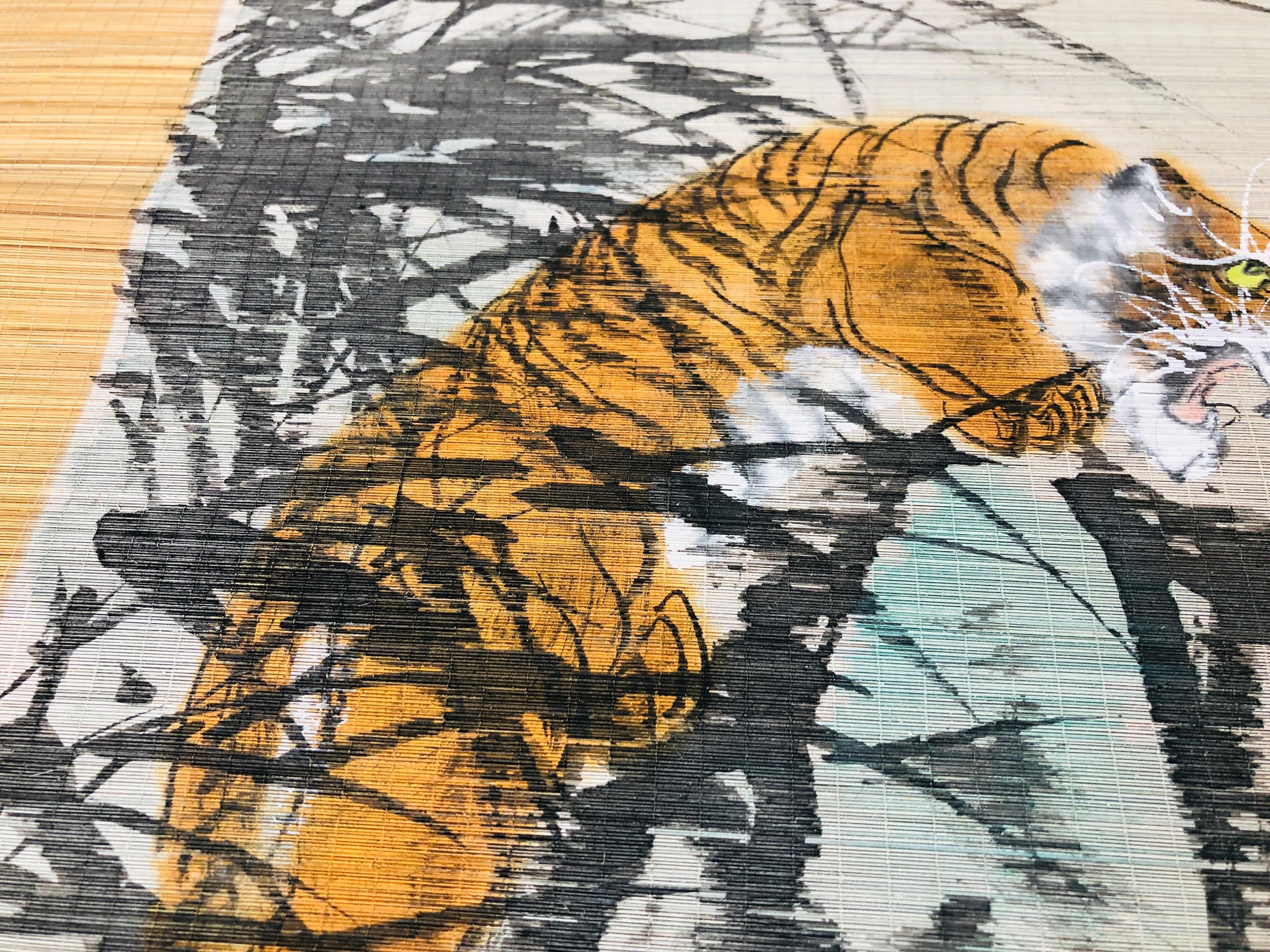 Y7052 掛軸 竹 虎 サイン入り箱入り 中国美術 アンティーク 掛け軸