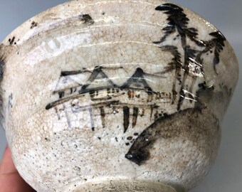 ちゃやか Y7645 CHAWAN Mino-ware Signed Landscape Japan Antique Tea Ceremony