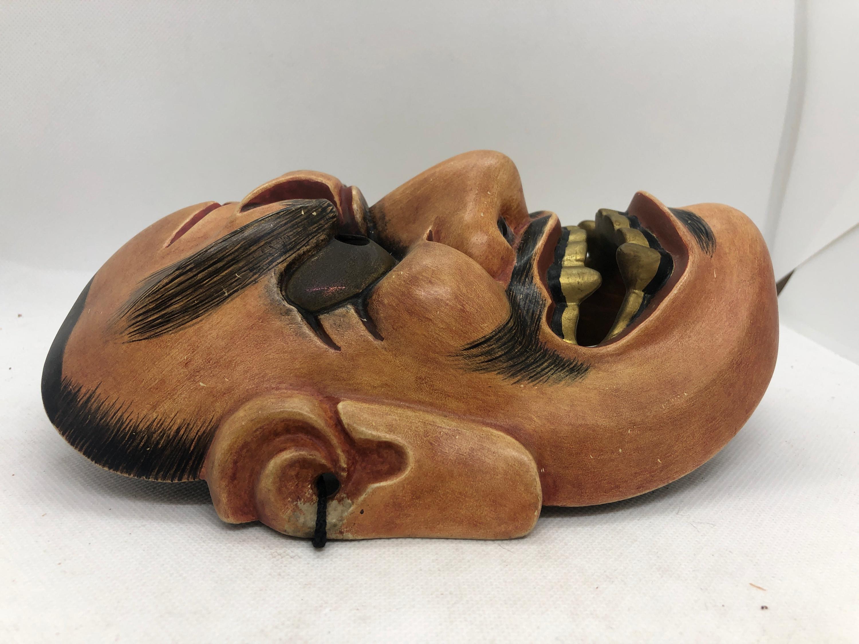 Wooden Noh Mask　木製能面 Y4664 NOH MASK wood carving Shikami signed Japan antique