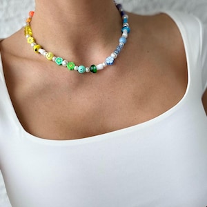 Rainbow Beaded Necklace, Multicolor Necklace, Choker Necklace, Mismatched Beaded Necklace, Pearl Necklace, Beaded Choker
