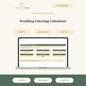 May include: A digital wedding catering calculator spreadsheet displayed on a laptop screen. The interface features fields for adults, children, vegetarians, vegans, and quantities. Text includes VowSproutDigital, Bilingual Wedding Spreadsheet, and Wedding Catering Calculator.