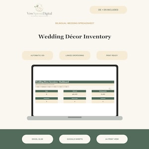 May include: A digital wedding decor inventory spreadsheet displayed on a laptop screen. The interface features a dashboard with fields for items, total cost, and missing quantity. Text labels include Automatic IDs, Linked Dropdowns, and Print Ready.