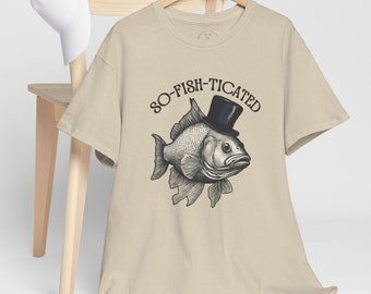 So-Fish-Ticated Funny fishing pun tshirt Funny Meme TShirt Retro Fisher T Shirt, Fisher Gear, Fish Graphic Shirt, humor Unisex Cotton Shirt