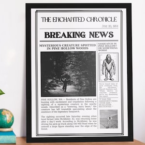 Cryptid Sasquatch Poster, Vintage Newspaper Print, Cryptozoology Art Bigfoot wall art, Cryptid poster wall art, Unique Wall Art, Mystery Art