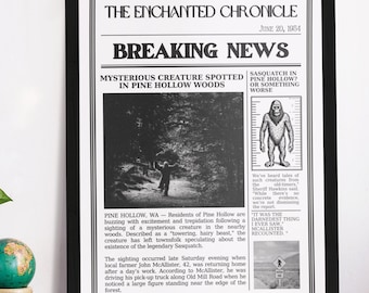 Cryptid Sasquatch Poster, Vintage Newspaper Print, Cryptozoology Art Bigfoot wall art, Cryptid poster wall art, Unique Wall Art, Mystery Art