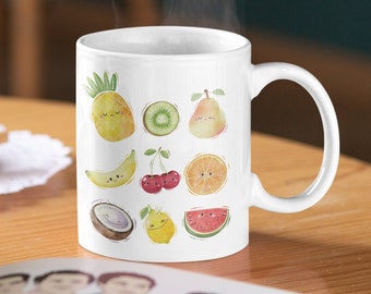 Cute Fruit Themed Ceramic Mug, 11oz Fruit Mug Kiwi Banana Pineapple mug Strawberry Grapes Apple Fruit Lover Gift, Gift for coffee tea lovers