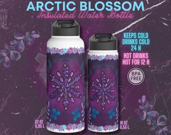 Arctic Blossom Insulated Water Bottle - Purple water bottle , Lavender, Art Steel Water Bottle, Thermal Water Bottle, Custom water bottle