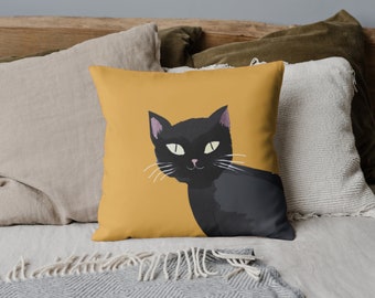 Mustard yellow black cat decorative pillow - Cotton decorative Pillow - gift for cat lovers - colorful home - statment pillow - cute pillow