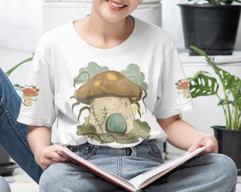 Mushroom house tshirt art t-shirt Mushrooms tshirt Vintage Illustration Cottagecore aesthetic shirt 90s Boho Nature Fashion Retro style tee