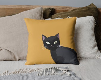 Mustard yellow black cat decorative pillow - Faux Suede Square Pillow - gift for cat lovers - colorful home - statment pillow - cute pillow