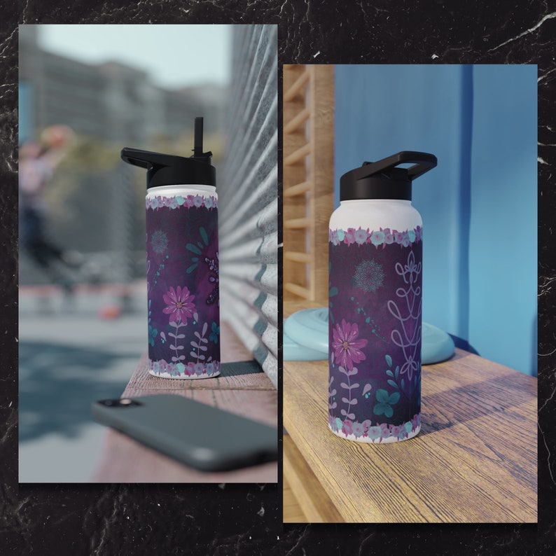 Arctic Blossom Insulated Water Bottle Purple water bottle , Lavender, Art Steel Water Bottle, Thermal Water Bottle, Custom water bottle zdjęcie 6