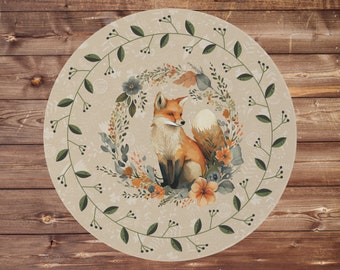 Fox Nature Round Rug, Vintage Farmhouse Cottagecore, Vintage Farmhouse Cottagecore Whimsical Floral Fox Decorative Rug, Home Decor Kids room