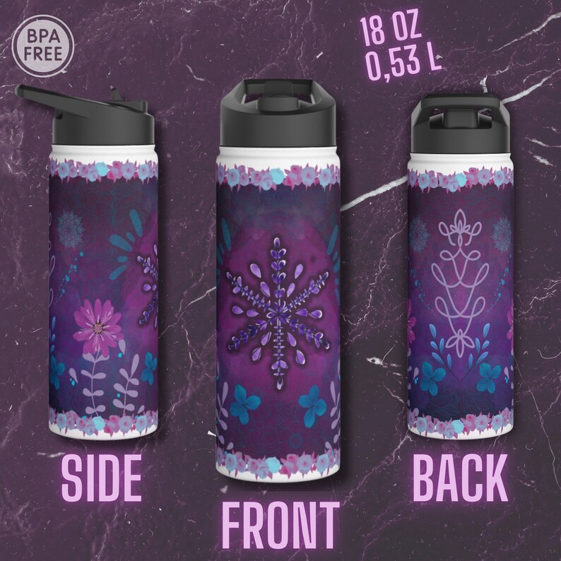 Arctic Blossom Insulated Water Bottle Purple water bottle , Lavender, Art Steel Water Bottle, Thermal Water Bottle, Custom water bottle zdjęcie 4