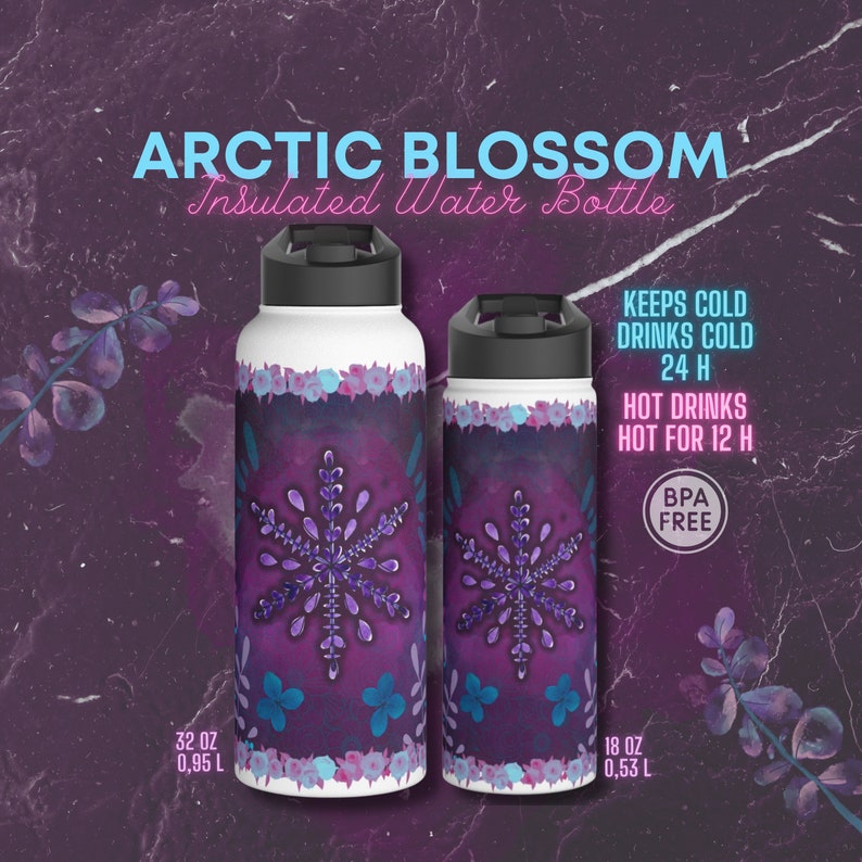 Arctic Blossom Insulated Water Bottle Purple water bottle , Lavender, Art Steel Water Bottle, Thermal Water Bottle, Custom water bottle zdjęcie 1