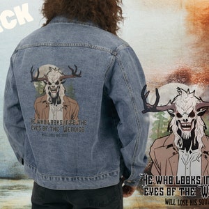 Wendigo Mens Jacket vintage style 80&#39;s 90&#39;s denim jeans jacket trucker jacket Creepy Scary Shirt Weird Stuff Naturecore Cryptid Denim Jacket