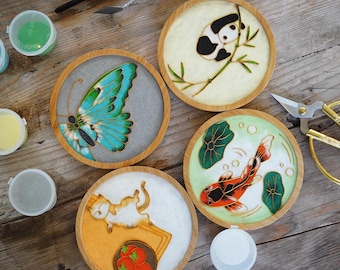 DIY Beginner Cloisonne Coaster Kit (1 pc), Lucky Animals - Panda, Koi Fish, Cat, Butterfly, Crafting Gift