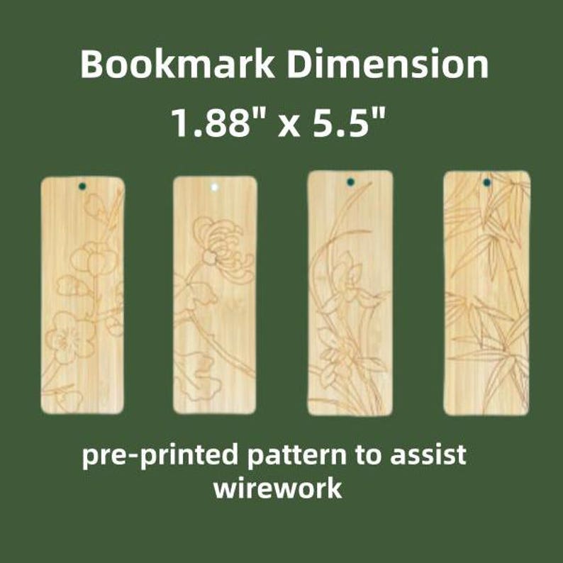 May include: Four wooden bookmarks with pre-printed patterns for wirework. Each bookmark measures 1.88 inches by 5.5 inches.
