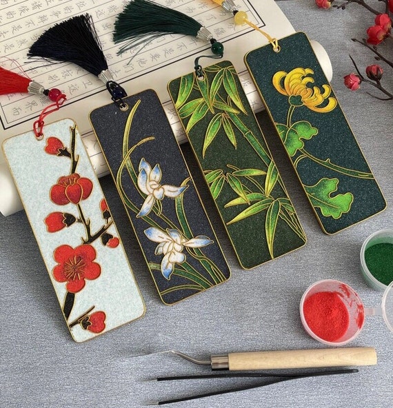 DIY Cloisonne Enamel Art Painting Kit, Beginner Crafting Gift - 1 pc Bookmark - Noble Plants