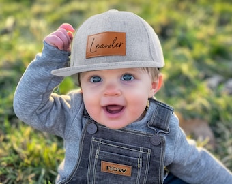 Chapeau personnalisé avec prénom pour enfants, chapeau avec empiècement en cuir, chapeau pour bébé, chapeau pour jeune adulte, chapeau plat, chapeau père et fils, chapeau de fête des pères, chapeau pour tout-petit