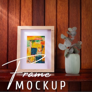 Wood Frame Mockup Living Room Interior 2x3 Ratio Frame PSD Photoshop Smart Object Template Vertical Frame Close Up Natural Lighting Shadows