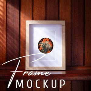Wood Frame Mockup Living Room Interior 2x3 Ratio Frame PSD Photoshop Smart Object Template Vertical Frame Close Up Natural Lighting Shadows