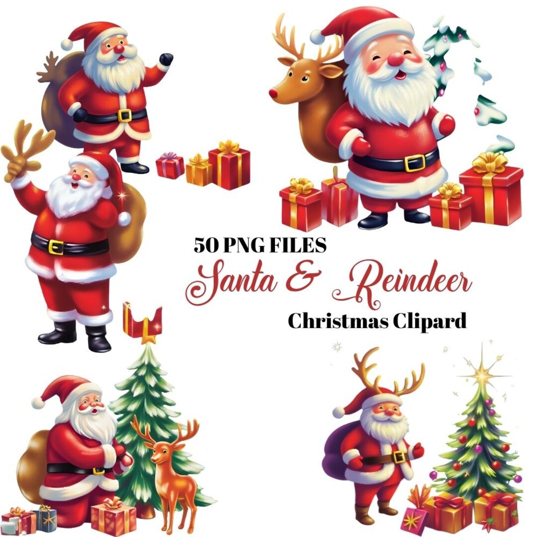 Santa & Reindeer Clipart | Watercolor Christmas Graphics (50 PNG Files ...
