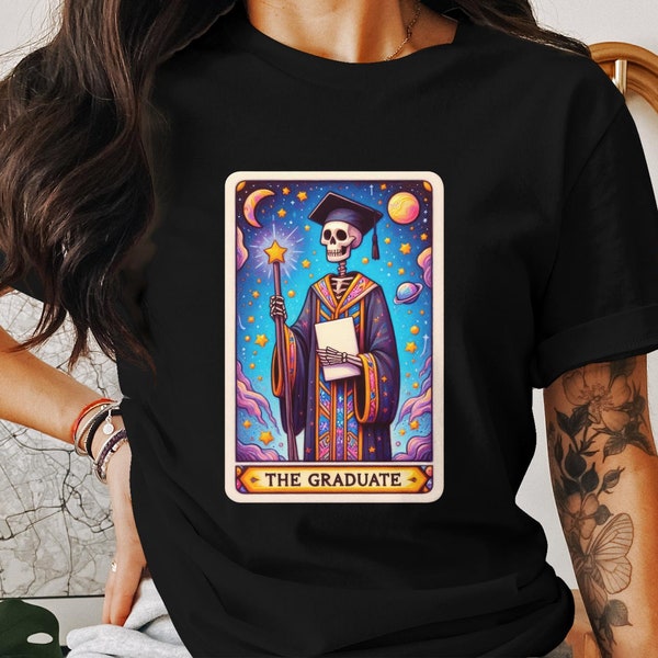 Funny Tarot Card T-Shirt, The Graduate, Skeleton in Cap and Gown, Colorful Astrology Design, Unique Gift Idea