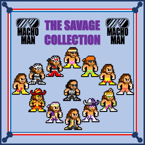 8-Bit Pixel Art WWF/WCW Savage Collection Vinyl Sticker Set of 13 Individual Stickers - Macho Man Ooh Yeah Randy Savage Snap Into A Slim Jim