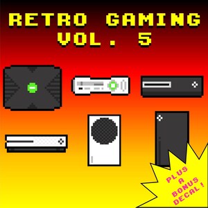 May include: Pixelated image featuring retro gaming consoles and controllers. The text "RETRO GAMING VOL. 5" is displayed at the top. A yellow starburst graphic at the bottom right reads "PLUS A BONUS DECAL!"
