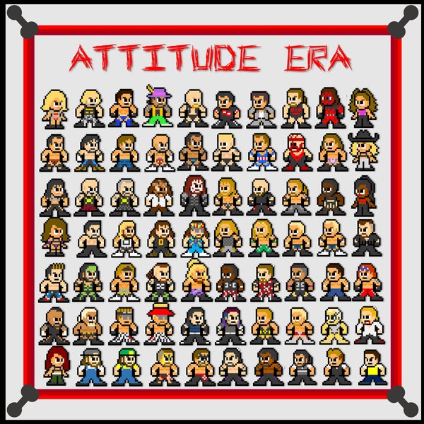 8-Bit Pixel Art WWF Attitude Era Superstars Vinyl Sticker Set of 70 Individual Stickers - Austin, Rock, Undertaker, Hardys Wrestling WWE AEW