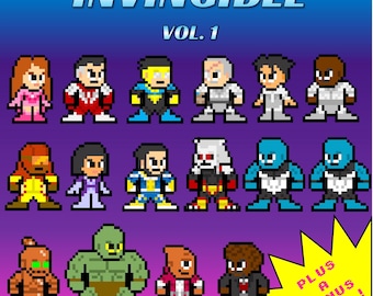 May include: Pixelated image featuring characters from "Invincible" comic series, with the title at the top. The characters are in various costumes and colours. A yellow starburst graphic at the bottom right says "Plus a Bonus Decal!"