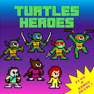 Pixel Art Stickers - Turtles Heroes Collection Vinyl Sticker Set of 7 Individual Decals - Cartoons Comics Hologram Holographic 8-Bit