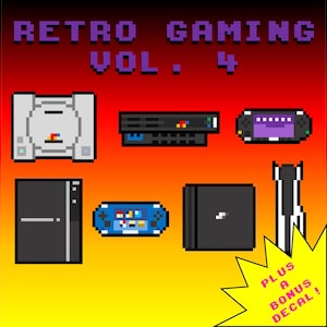 May include: Pixelated graphic of retro gaming consoles and handhelds, including a PlayStation, a black console, and a blue handheld. The image has the text "RETRO GAMING VOL. 4" at the top, with a yellow starburst that says "PLUS A BONUS DECAL!"