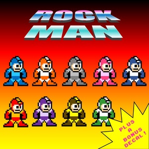 Pixel Art Stickers - Rock Man Collection Vinyl Sticker Set of 9 Individual Decals - Video Games Mega Hologram Holographic 8-Bit Retro