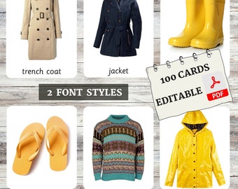Kleding en accessoires Flashcards • Montessori-flashcards • Woordenschat • Nomenclatuurkaarten • Kaarten met 3 delen • Educatief • Bewerkbare pdf