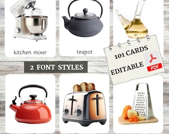 In de keuken-flashcards • Montessori-flashcards • Woordenschat • Nomenclatuurkaarten • 3-delige kaarten • Educatief • Bewerkbare pdf