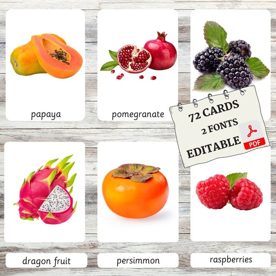 Fruit Flashcards • Montessori Flashcards (Real pictures) • Vocabulary • Nomenclature Cards • 3 Part Cards • Educational • Editable PDF