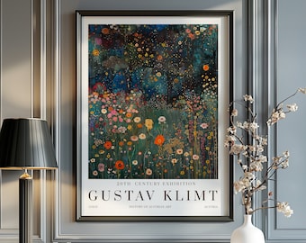 Poster Gustav Klimt-nacht, poster klimtmuseum, poster Gustav Klimt, poster klimttentoonstelling, schilderij Gustav Klimt, bloementuin, bloem