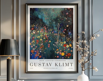 Poster Gustav Klimt-nacht, poster klimtmuseum, poster Gustav Klimt, poster klimttentoonstelling, schilderij Gustav Klimt, bloementuin, bloem