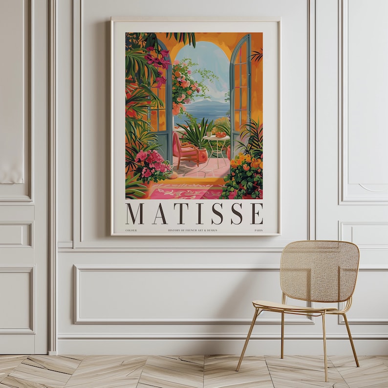 May include: A vintage poster featuring a painting by Henri Matisse. The poster depicts a colorful scene of a patio with an open doorway leading to a view of the sea. The text "MATISSE" is printed in bold letters at the bottom of the poster.