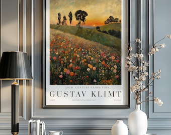 May include: A vintage poster advertising a 20th Century Exhibition featuring the work of Gustav Klimt. The poster features a painting of a field of wildflowers with a sunset in the background. The text "20th Century Exhibition" and "Gustav Klimt" are printed in bold, black letters at the bottom of the poster.