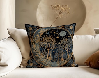 Cojín con la luna y las estrellas de William Morris, Cojín con estampado de la exposición de la luna de William Morris, Cojín vintage, Cojín textil, Cojín de la luna y las estrellas