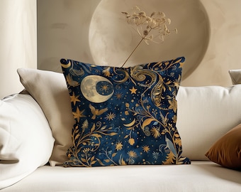 William Morris Moon and Stars Pillow, William Morris Moon Exhibition Print Pillow, Almohada vintage, Almohada textil, Almohada de luna y estrella