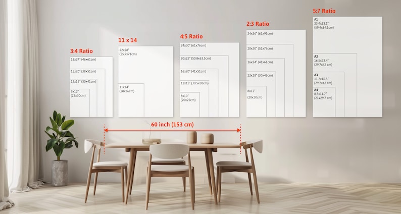May include: A white wall with a variety of different sized rectangular frames, each with a different aspect ratio, labeled with the ratio and measurements in inches and centimeters. The frames are arranged in a row from left to right, with the largest frame on the right. The frames are all white and have a simple, modern design. The wall is painted a light gray color. A wooden table with four chairs is in front of the wall. The table is made of light wood and has a simple, modern design. The chairs are also made of light wood and have a simple, modern design. The chairs are all facing the table. The table and chairs are in a room with a light gray floor. The room is well-lit and has a modern, minimalist design.