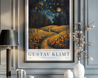 May include: A poster for a 20th Century Exhibition featuring the work of Gustav Klimt. The poster features a painting of a winding path through a forest with a full moon and stars in the sky. The text "20th Century Exhibition" and "Gustav Klimt" are printed in black at the bottom of the poster.