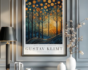 May include: A poster advertising a 20th Century Exhibition featuring the work of Gustav Klimt. The poster features a painting of a forest with golden circles and a blue background. The text "Gustav Klimt" is printed in large, bold letters at the bottom of the poster.