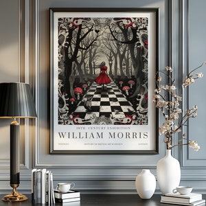 May include: A black and white poster with a red and black illustration of a woman walking through a forest. The poster is titled "19th Century Exhibition William Morris" and includes the text "Textiles, History of British Art & Design, London".